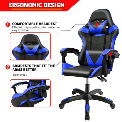 Black and Gray Gaming Office Chair Front View

Racing Style Chair with Adjustable Recline

Multiple Color Variants of Gaming Chairs

High Back Ergonomic Office Chair with Pillows