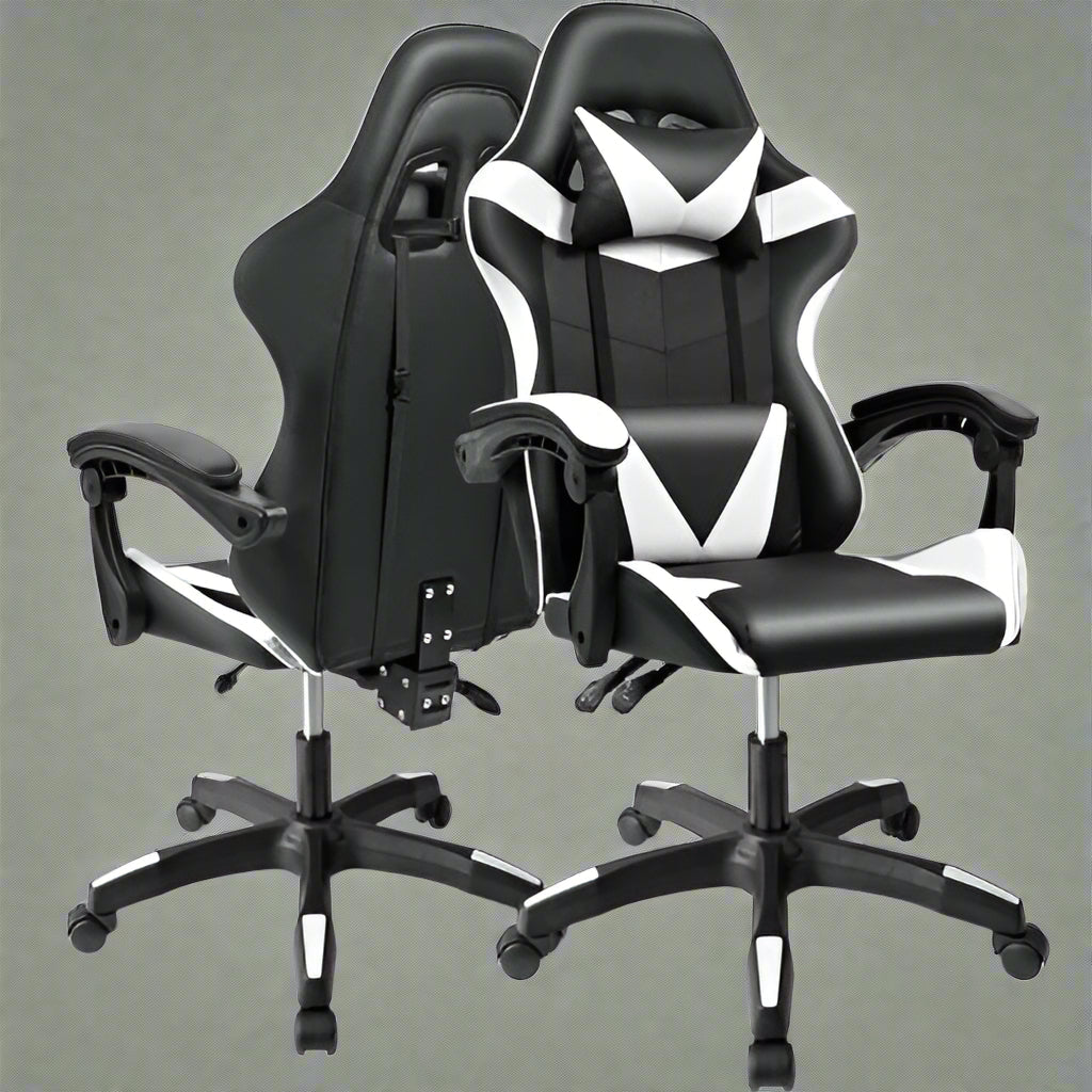 Black and Gray Gaming Office Chair Front View

Racing Style Chair with Adjustable Recline

Multiple Color Variants of Gaming Chairs

High Back Ergonomic Office Chair with Pillows