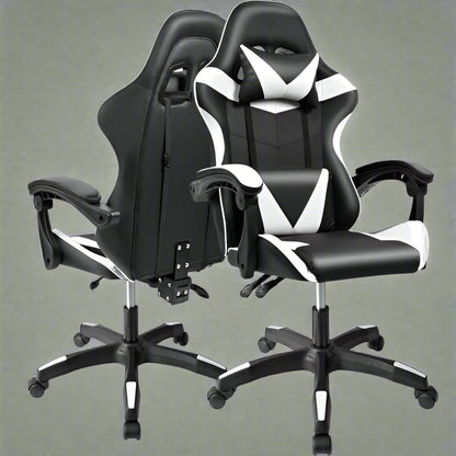 Black and Gray Gaming Office Chair Front View

Racing Style Chair with Adjustable Recline

Multiple Color Variants of Gaming Chairs

High Back Ergonomic Office Chair with Pillows