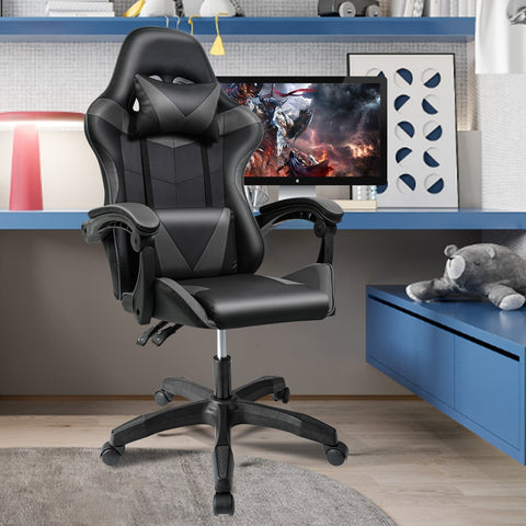 Black and Gray Gaming Office Chair Front View

Racing Style Chair with Adjustable Recline

Multiple Color Variants of Gaming Chairs

High Back Ergonomic Office Chair with Pillows