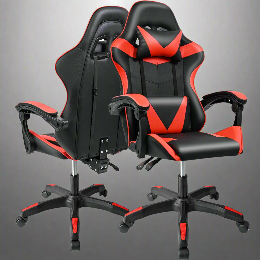 Black and Gray Gaming Office Chair Front View

Racing Style Chair with Adjustable Recline

Multiple Color Variants of Gaming Chairs

High Back Ergonomic Office Chair with Pillows