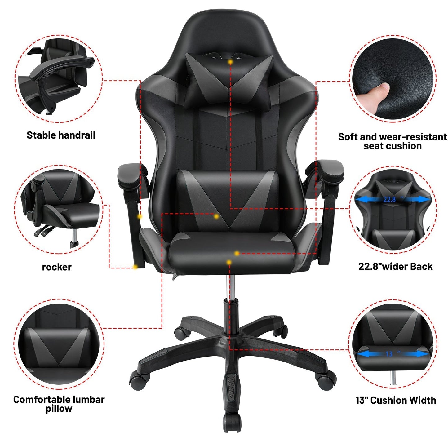 Black and Gray Gaming Office Chair Front View

Racing Style Chair with Adjustable Recline

Multiple Color Variants of Gaming Chairs

High Back Ergonomic Office Chair with Pillows