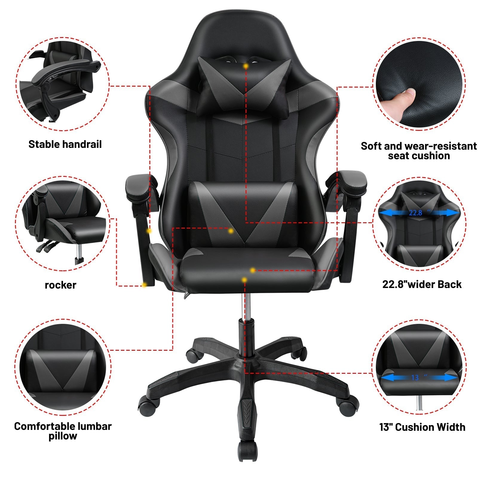 Black and Gray Gaming Office Chair Front View

Racing Style Chair with Adjustable Recline

Multiple Color Variants of Gaming Chairs

High Back Ergonomic Office Chair with Pillows
