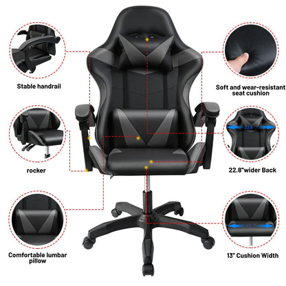 Black and Gray Gaming Office Chair Front View

Racing Style Chair with Adjustable Recline

Multiple Color Variants of Gaming Chairs

High Back Ergonomic Office Chair with Pillows