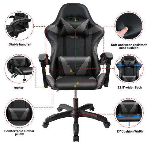 Black and Gray Gaming Office Chair Front View

Racing Style Chair with Adjustable Recline

Multiple Color Variants of Gaming Chairs

High Back Ergonomic Office Chair with Pillows