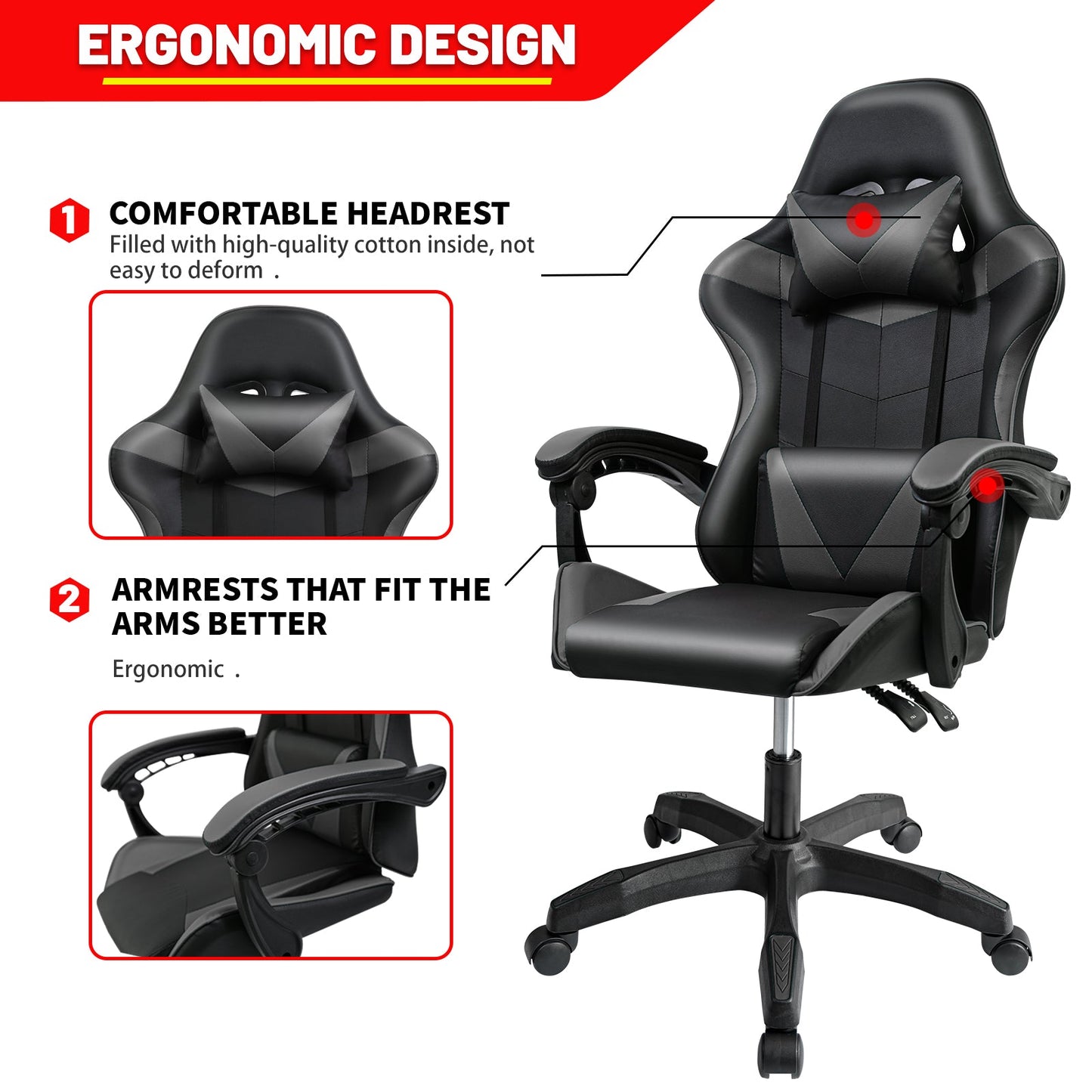 Black and Gray Gaming Office Chair Front View

Racing Style Chair with Adjustable Recline

Multiple Color Variants of Gaming Chairs

High Back Ergonomic Office Chair with Pillows