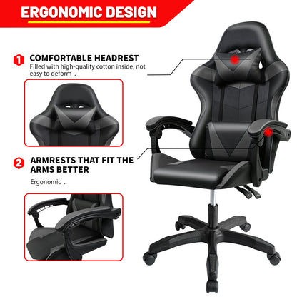 Black and Gray Gaming Office Chair Front View

Racing Style Chair with Adjustable Recline

Multiple Color Variants of Gaming Chairs

High Back Ergonomic Office Chair with Pillows