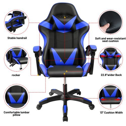 Black and Gray Gaming Office Chair Front View

Racing Style Chair with Adjustable Recline

Multiple Color Variants of Gaming Chairs

High Back Ergonomic Office Chair with Pillows