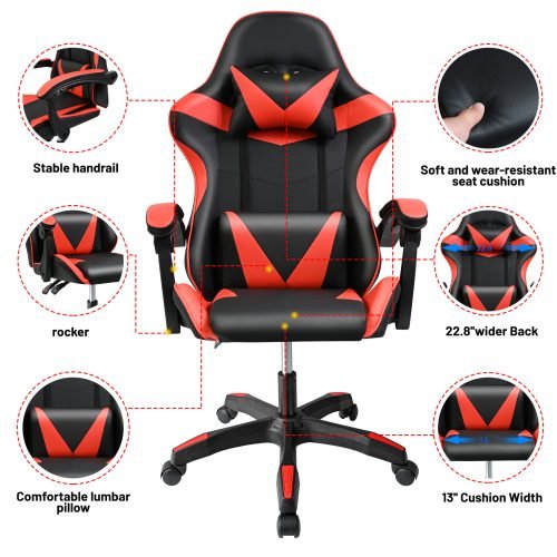 Black and Gray Gaming Office Chair Front View

Racing Style Chair with Adjustable Recline

Multiple Color Variants of Gaming Chairs

High Back Ergonomic Office Chair with Pillows