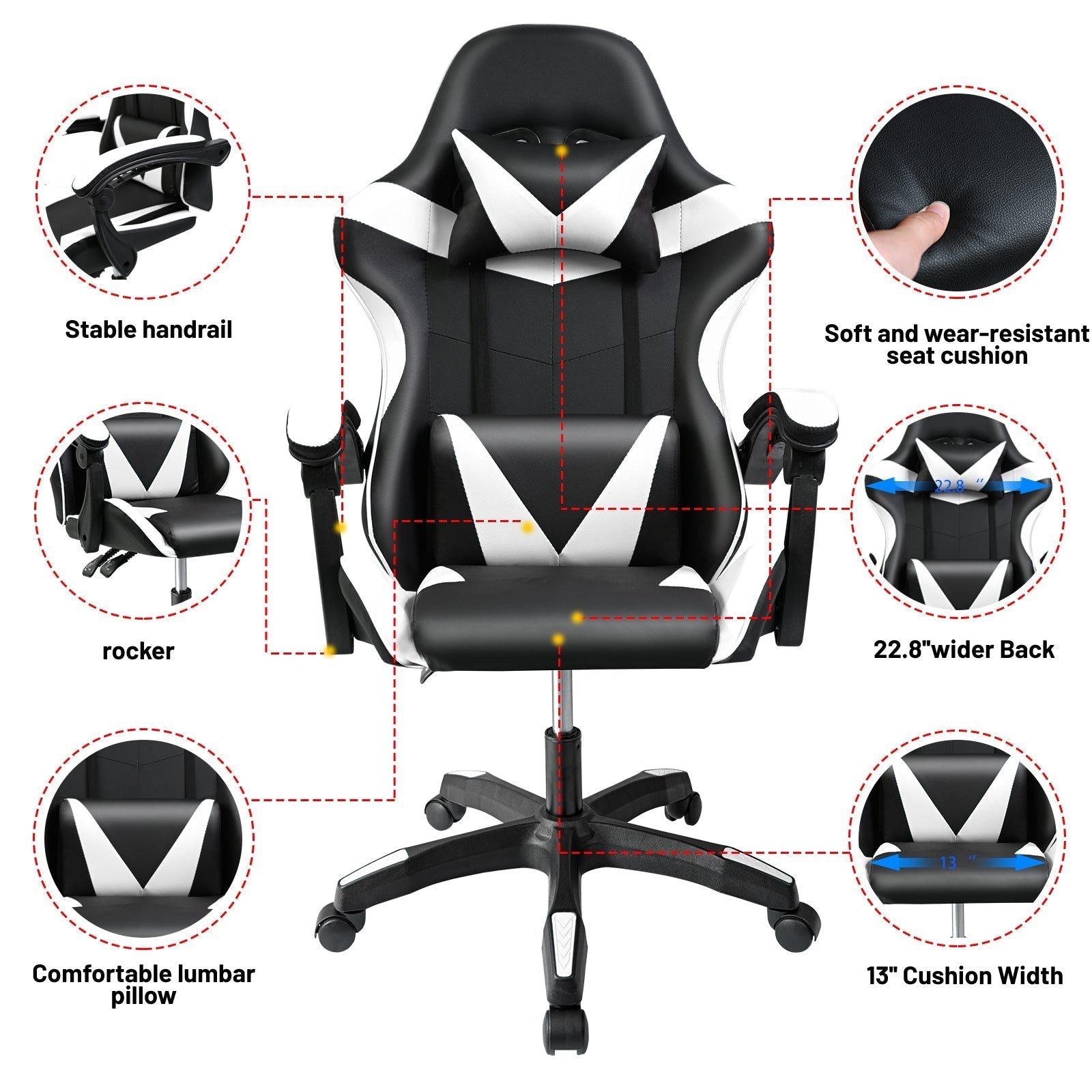 Black and Gray Gaming Office Chair Front View

Racing Style Chair with Adjustable Recline

Multiple Color Variants of Gaming Chairs

High Back Ergonomic Office Chair with Pillows