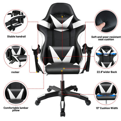 Black and Gray Gaming Office Chair Front View

Racing Style Chair with Adjustable Recline

Multiple Color Variants of Gaming Chairs

High Back Ergonomic Office Chair with Pillows