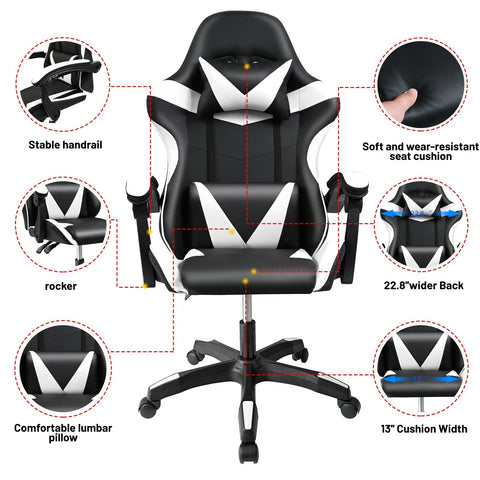 Black and Gray Gaming Office Chair Front View

Racing Style Chair with Adjustable Recline

Multiple Color Variants of Gaming Chairs

High Back Ergonomic Office Chair with Pillows