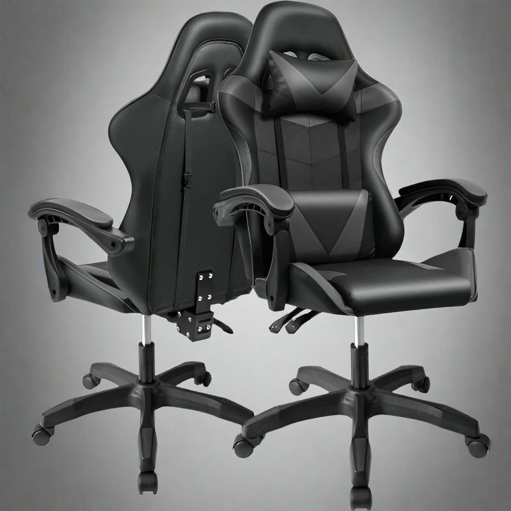 Black and Gray Gaming Office Chair Front View

Racing Style Chair with Adjustable Recline

Multiple Color Variants of Gaming Chairs

High Back Ergonomic Office Chair with Pillows