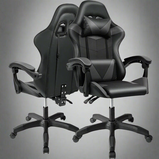 Black and Gray Gaming Office Chair Front View

Racing Style Chair with Adjustable Recline

Multiple Color Variants of Gaming Chairs

High Back Ergonomic Office Chair with Pillows