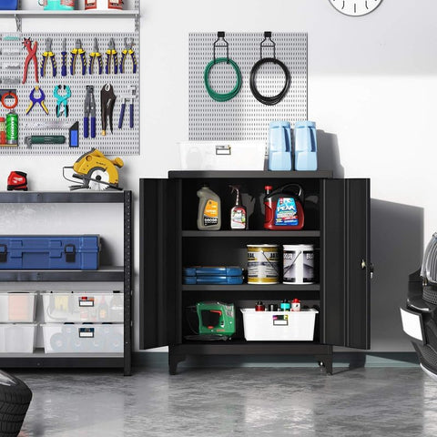 Heavy-Duty Metal Garage Cabinet with Lockable Doors Front View

Steel Garage Storage Cabinet Adjustable Shelves OMC013B01

Lockable Storage Cabinet for Workshop or Office

Industrial Garage Storage Cabinet with Powder-Coated Finish