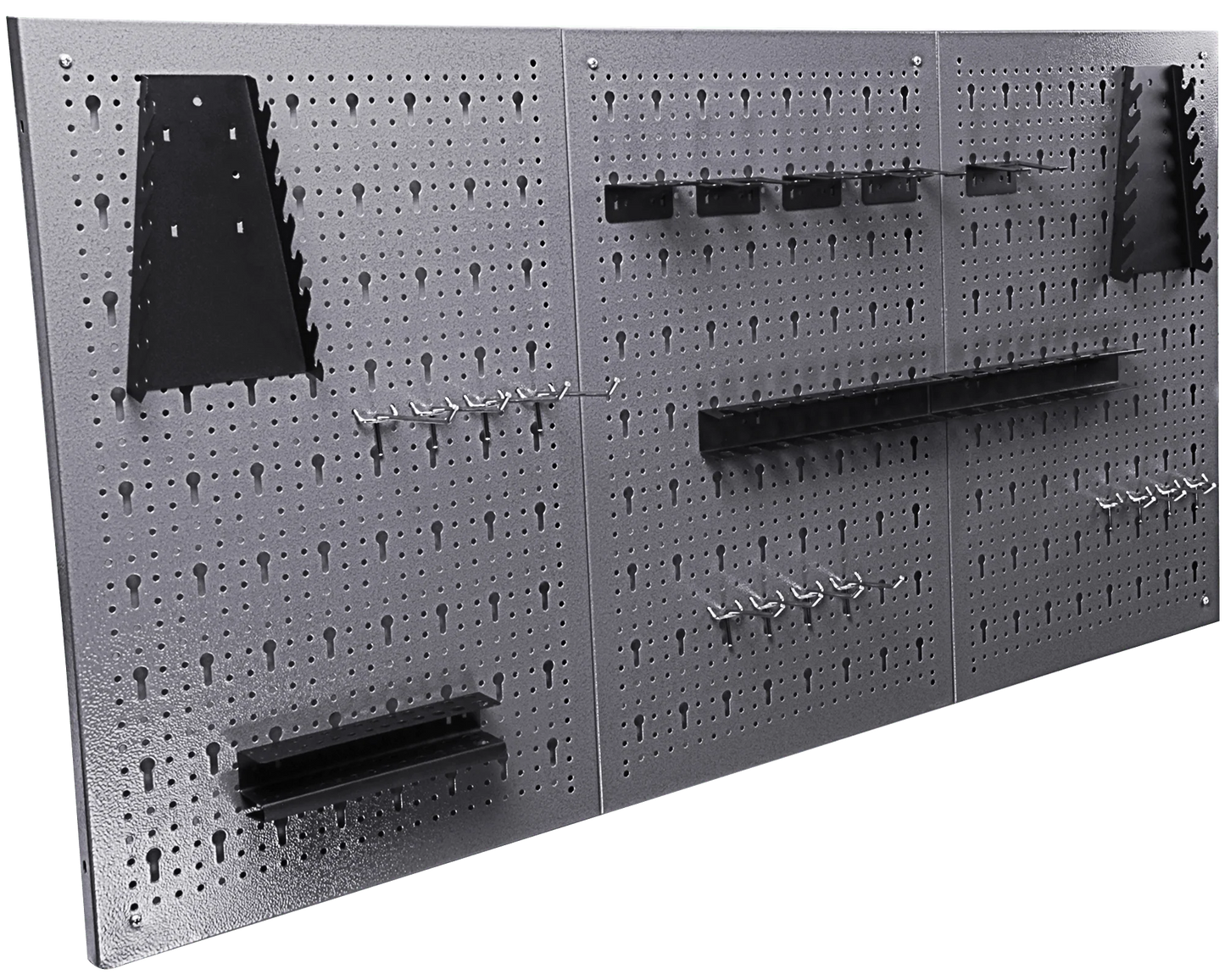 Heavy-duty metal pegboard set with 3 panels and 22 tool holders for garage or workshop wall organization
