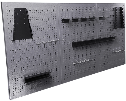Heavy-duty metal pegboard set with 3 panels and 22 tool holders for garage or workshop wall organization
