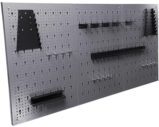 Heavy-duty metal pegboard set with 3 panels and 22 tool holders for garage or workshop wall organization
