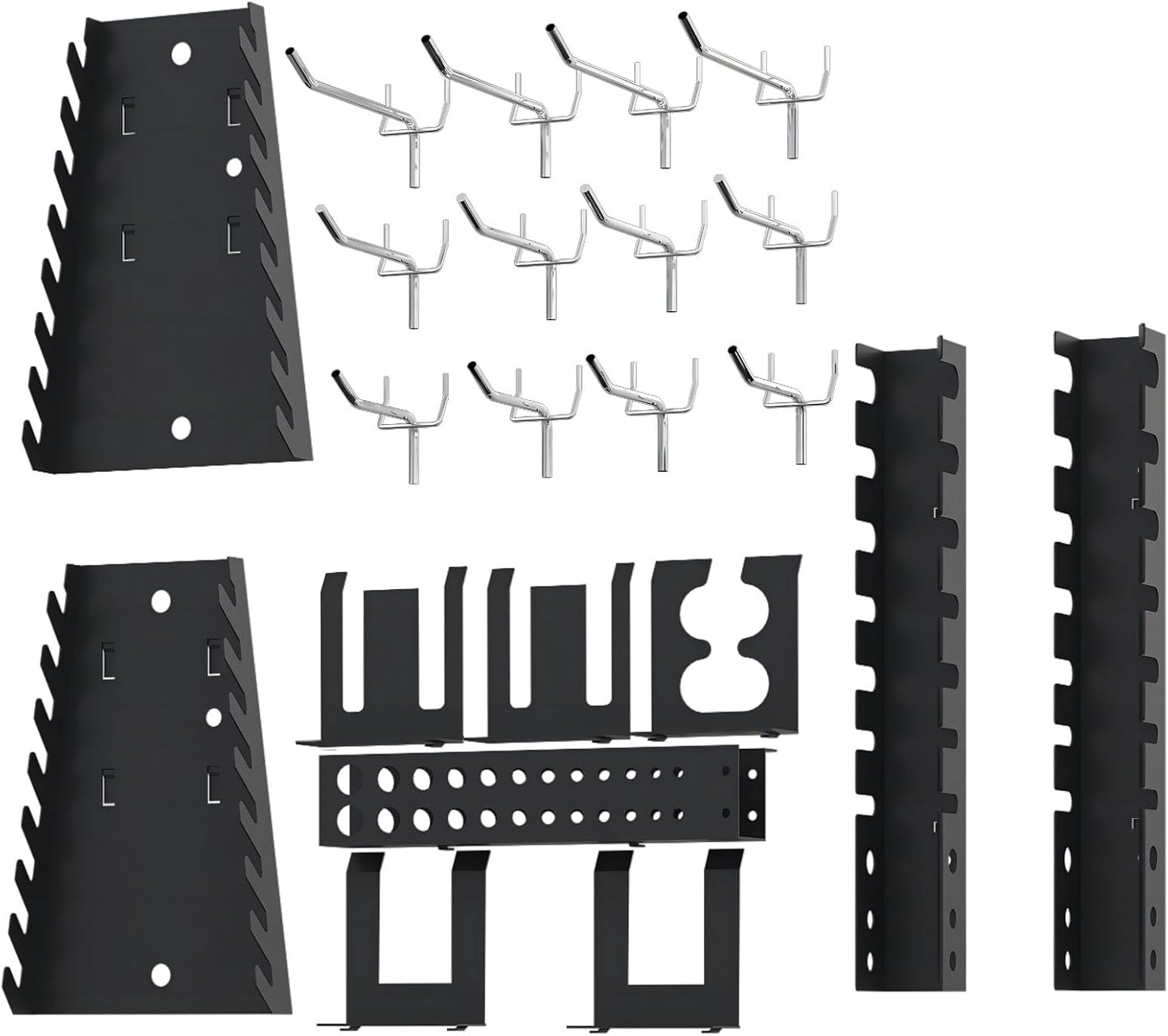 Heavy-duty metal pegboard set with 3 panels and 22 tool holders for garage or workshop wall organization
