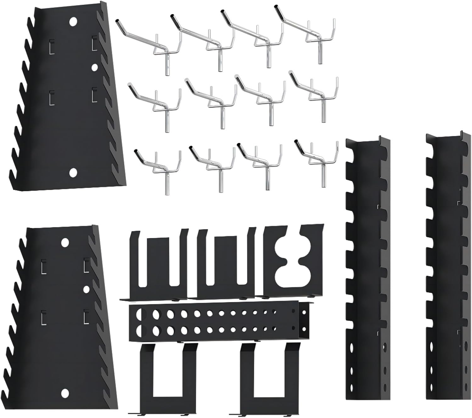 Heavy-duty metal pegboard set with 3 panels and 22 tool holders for garage or workshop wall organization
