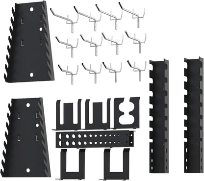 Heavy-duty metal pegboard set with 3 panels and 22 tool holders for garage or workshop wall organization
