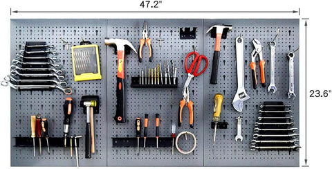 Heavy-duty metal pegboard set with 3 panels and 22 tool holders for garage or workshop wall organization
