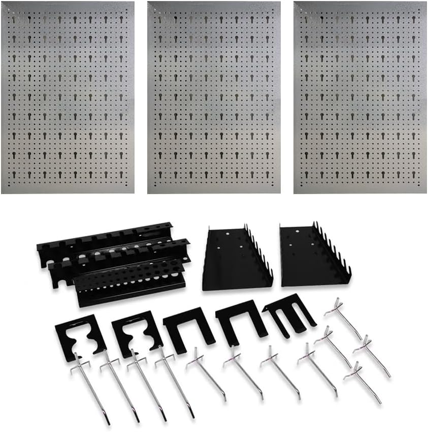 Heavy-duty metal pegboard set with 3 panels and 22 tool holders for garage or workshop wall organization
