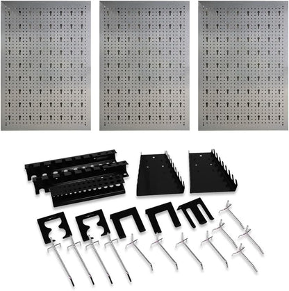 Heavy-duty metal pegboard set with 3 panels and 22 tool holders for garage or workshop wall organization
