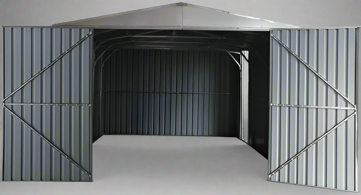 “11x19 FT metal garage shed in cream with sloped roof and double doors”

“Interior view of spacious 11x19 FT steel garage shed”

“Dark gray metal outdoor storage building with wide door access”

“Large vehicle shed for tools, cars, or workshop use”

“Optional spare door kit for metal garden shed G1119DGK”