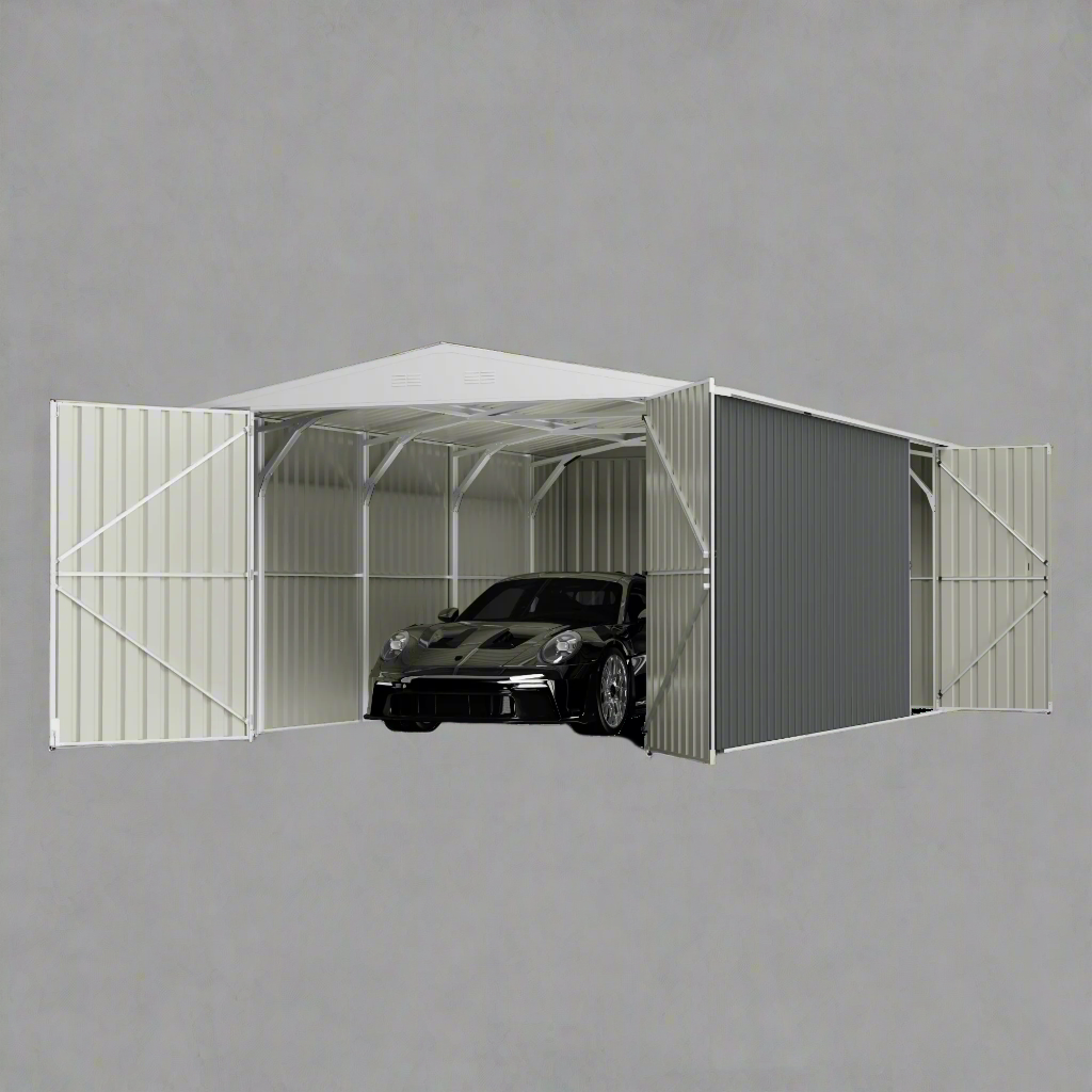 “11x19 FT metal garage shed in cream with sloped roof and double doors”

“Interior view of spacious 11x19 FT steel garage shed”

“Dark gray metal outdoor storage building with wide door access”

“Large vehicle shed for tools, cars, or workshop use”

“Optional spare door kit for metal garden shed G1119DGK”