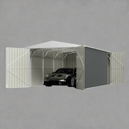 “11x19 FT metal garage shed in cream with sloped roof and double doors”

“Interior view of spacious 11x19 FT steel garage shed”

“Dark gray metal outdoor storage building with wide door access”

“Large vehicle shed for tools, cars, or workshop use”

“Optional spare door kit for metal garden shed G1119DGK”