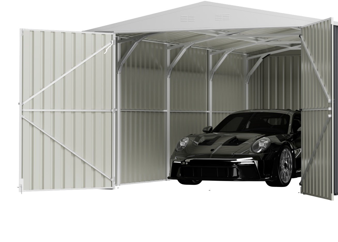 “11x19 FT metal garage shed in cream with sloped roof and double doors”

“Interior view of spacious 11x19 FT steel garage shed”

“Dark gray metal outdoor storage building with wide door access”

“Large vehicle shed for tools, cars, or workshop use”

“Optional spare door kit for metal garden shed G1119DGK”