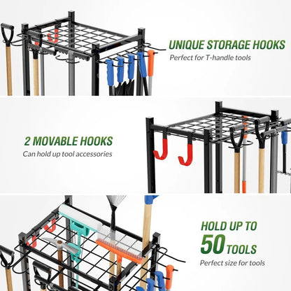 35-slot garden tool organizer rack with rakes and shovels
Heavy-duty garage tool stand with adjustable slots
Compact metal yard tool storage for garages and sheds