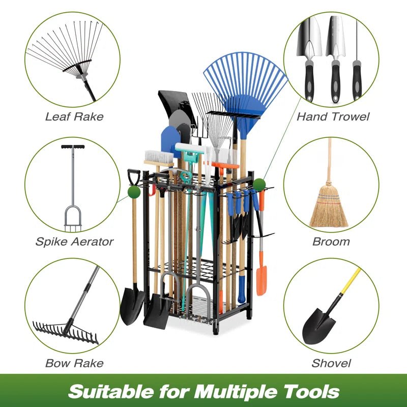 35-slot garden tool organizer rack with rakes and shovels
Heavy-duty garage tool stand with adjustable slots
Compact metal yard tool storage for garages and sheds