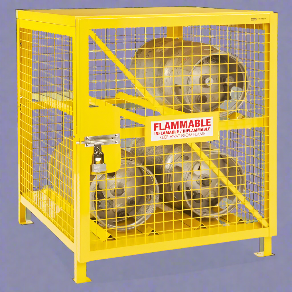 “Yellow propane tank storage cage with 4-cylinder capacity – OSHA compliant”

“Side view of forklift-ready base on propane cage”

“Interior of propane tank cabinet with horizontal steel shelving”

“Combo safety cage for 10 gas cylinders – 8 horizontal and 2 vertical slots”