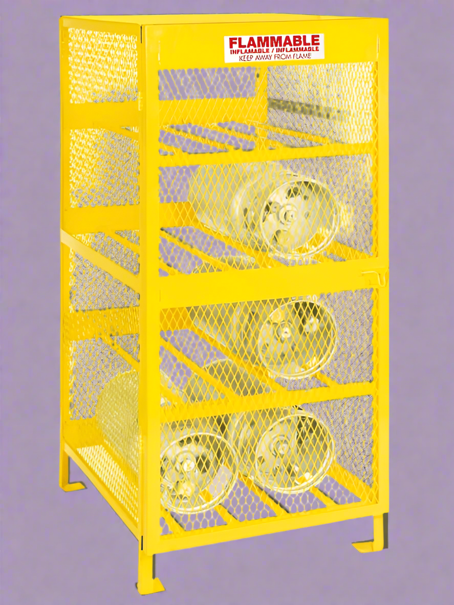“Yellow propane tank storage cage with 4-cylinder capacity – OSHA compliant”

“Side view of forklift-ready base on propane cage”

“Interior of propane tank cabinet with horizontal steel shelving”

“Combo safety cage for 10 gas cylinders – 8 horizontal and 2 vertical slots”