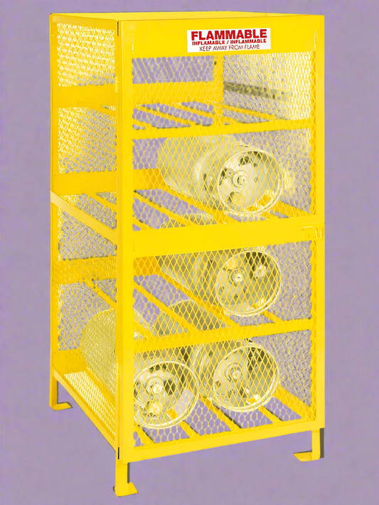 “Yellow propane tank storage cage with 4-cylinder capacity – OSHA compliant”

“Side view of forklift-ready base on propane cage”

“Interior of propane tank cabinet with horizontal steel shelving”

“Combo safety cage for 10 gas cylinders – 8 horizontal and 2 vertical slots”