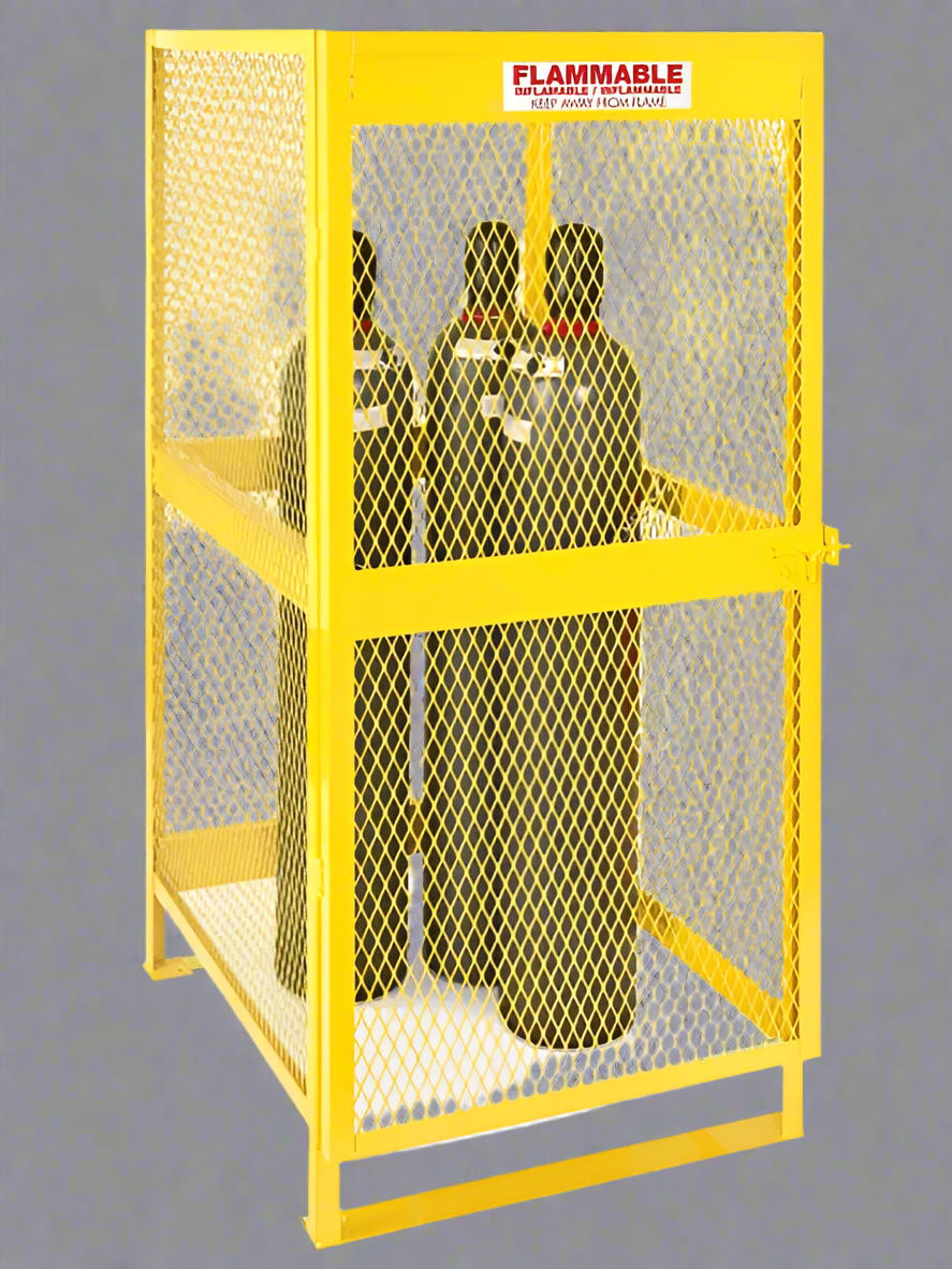 “Yellow propane tank storage cage with 4-cylinder capacity – OSHA compliant”

“Side view of forklift-ready base on propane cage”

“Interior of propane tank cabinet with horizontal steel shelving”

“Combo safety cage for 10 gas cylinders – 8 horizontal and 2 vertical slots”