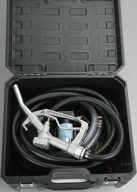 12V Fuel Transfer Pump Kit – Full Case View | Model S1180
Heavy-Duty Fuel Pump for Gas and Diesel – Components Displayed
Fuel Transfer Hose and Nozzle with Compact Pump Setup
Storage Box with Fuel Pump System for On-the-Go Use