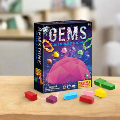 Gemstone Dig Kit for Kids – STEM Activity with Tools, Clay Block, and Bracelet Rope