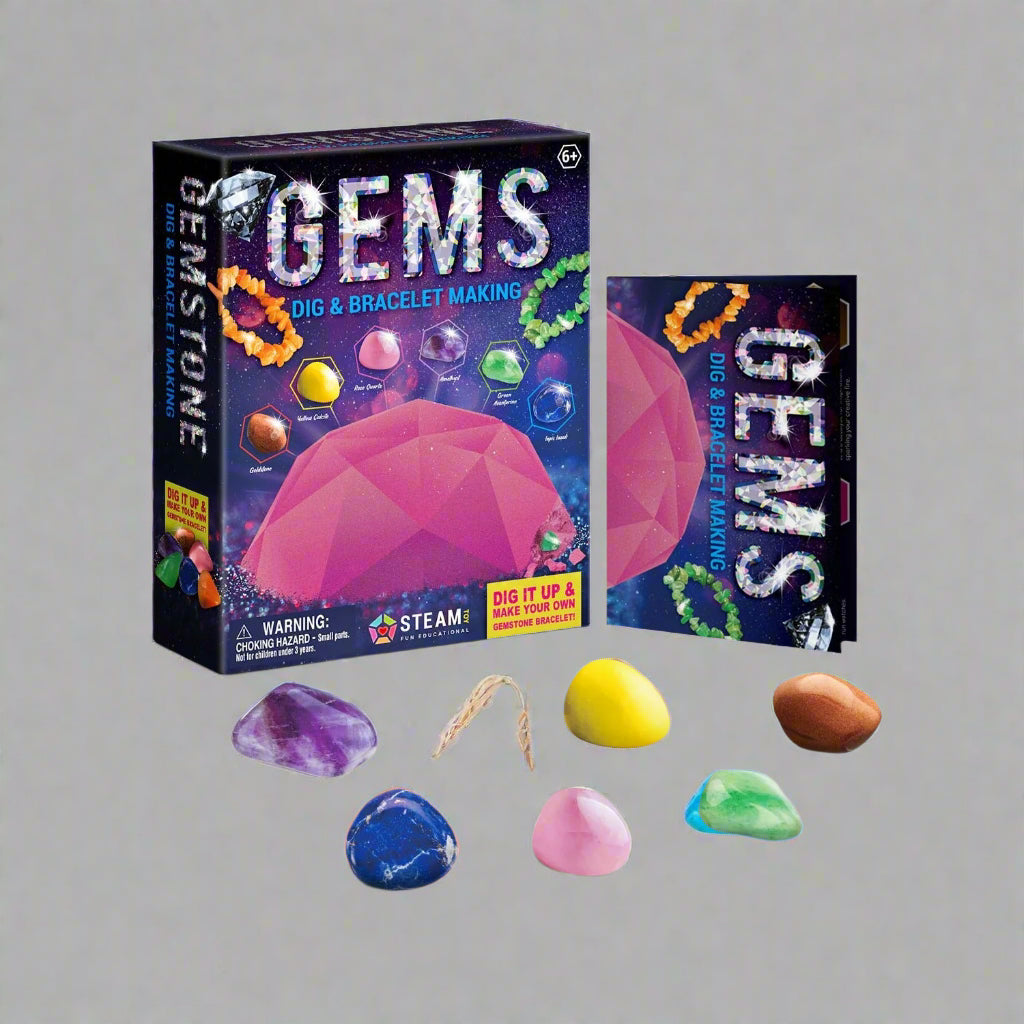Gemstone Dig Kit for Kids – STEM Activity with Tools, Clay Block, and Bracelet Rope