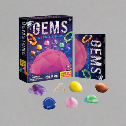 Gemstone Dig Kit for Kids – STEM Activity with Tools, Clay Block, and Bracelet Rope
