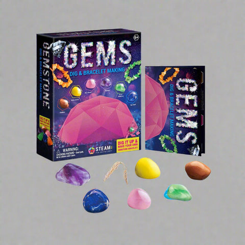 Gemstone Dig Kit for Kids – STEM Activity with Tools, Clay Block, and Bracelet Rope