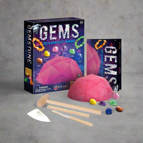 Gemstone Dig Kit for Kids – STEM Activity with Tools, Clay Block, and Bracelet Rope