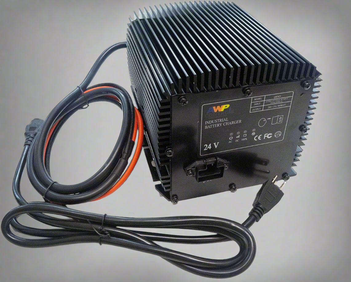"Genie SkyJack 24V battery charger with power cord"

"Heavy-duty 25AMP charger for JLG and scissor lifts"

"Close-up of 24V industrial battery charger unit"