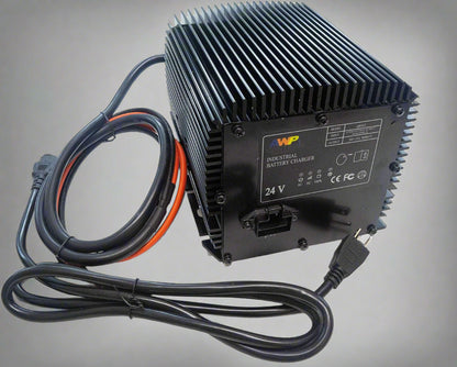 "Genie SkyJack 24V battery charger with power cord"

"Heavy-duty 25AMP charger for JLG and scissor lifts"

"Close-up of 24V industrial battery charger unit"