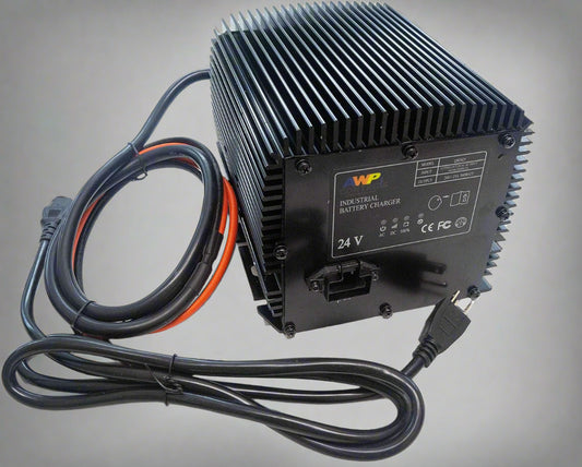 "Genie SkyJack 24V battery charger with power cord"

"Heavy-duty 25AMP charger for JLG and scissor lifts"

"Close-up of 24V industrial battery charger unit"