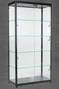 Glass display showcase LED tower with aluminum frame 

Retail glass cabinet with LED lighting and shelves

5-shelf glass tower showcase with lockable doors