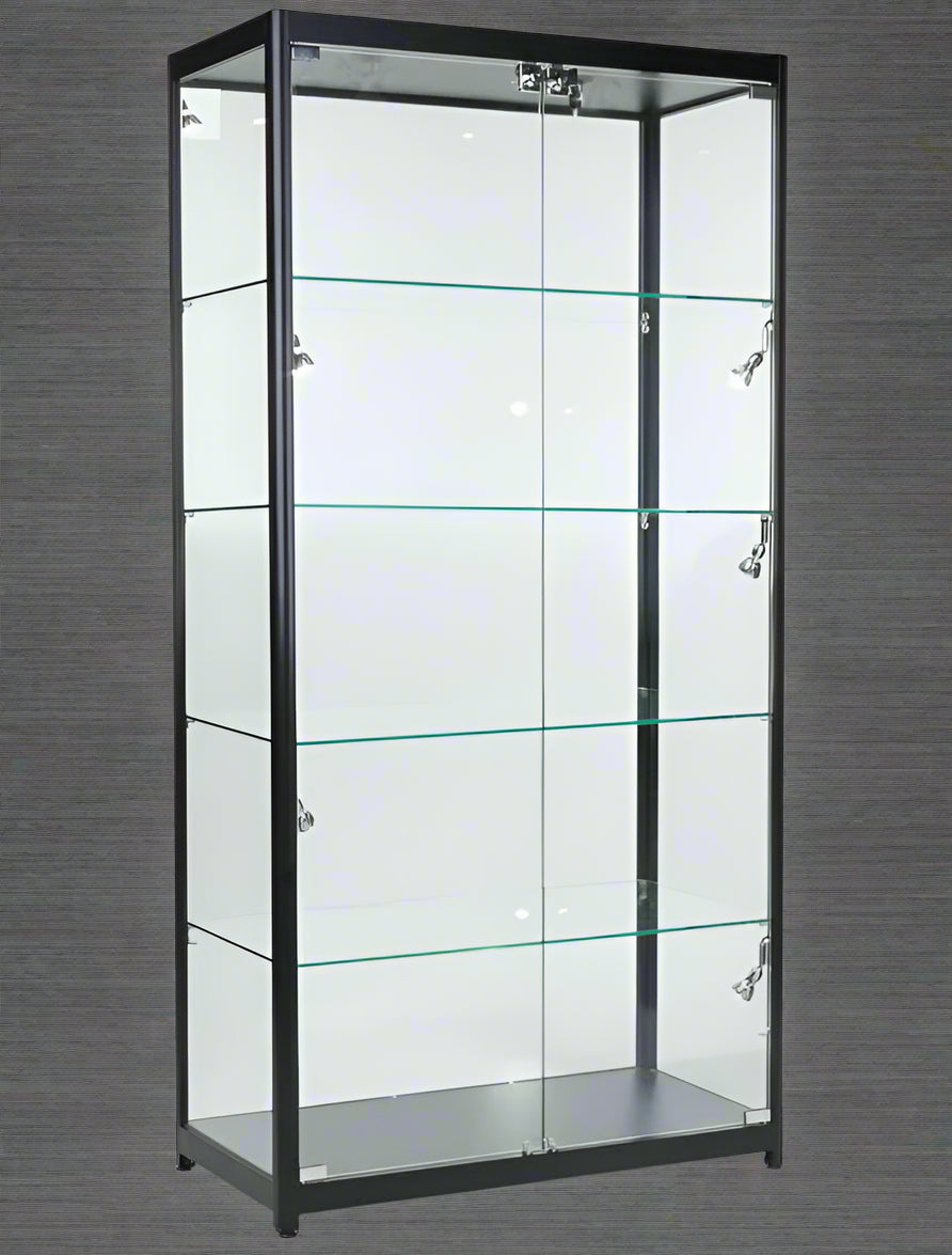 Glass display showcase LED tower with aluminum frame 

Retail glass cabinet with LED lighting and shelves

5-shelf glass tower showcase with lockable doors