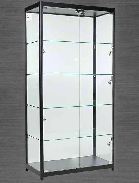 Glass display showcase LED tower with aluminum frame 

Retail glass cabinet with LED lighting and shelves

5-shelf glass tower showcase with lockable doors